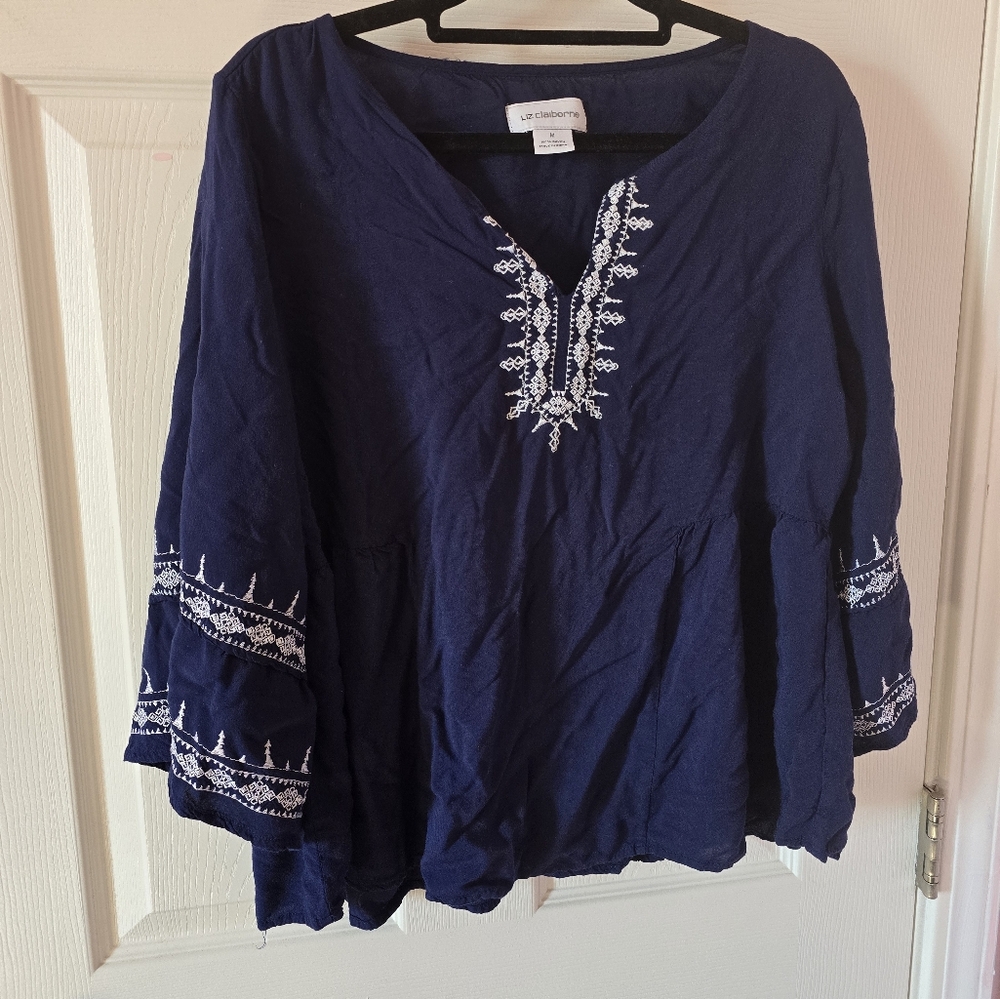 Liz Claiborne Blue Blouse Embroidered Medium